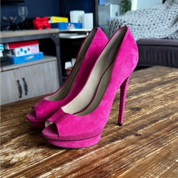 Brian Atwood FLORENCIA pink suede with glitter heels - Picture 2 of 12